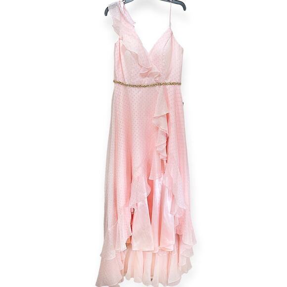 Mac Duggal Chiffon Embellished Sequin Asymmetric Ruffle Long Dress Pink 10 NWT - Picture 3 of 16